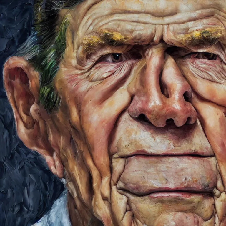 Image similar to close up studio portrait of aging old Ronald Reagan age 115 wrinkled sad, glossy impasto oil painting by Lucian Freud and Tim Hawkinson and Cy Twombly, trending on artstation Studio lighting Expressionism