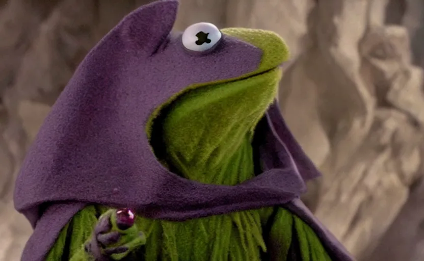 Prompt: kermit as a dark mage, a still from the dark crystal, high quality, very detailed, cinematic,