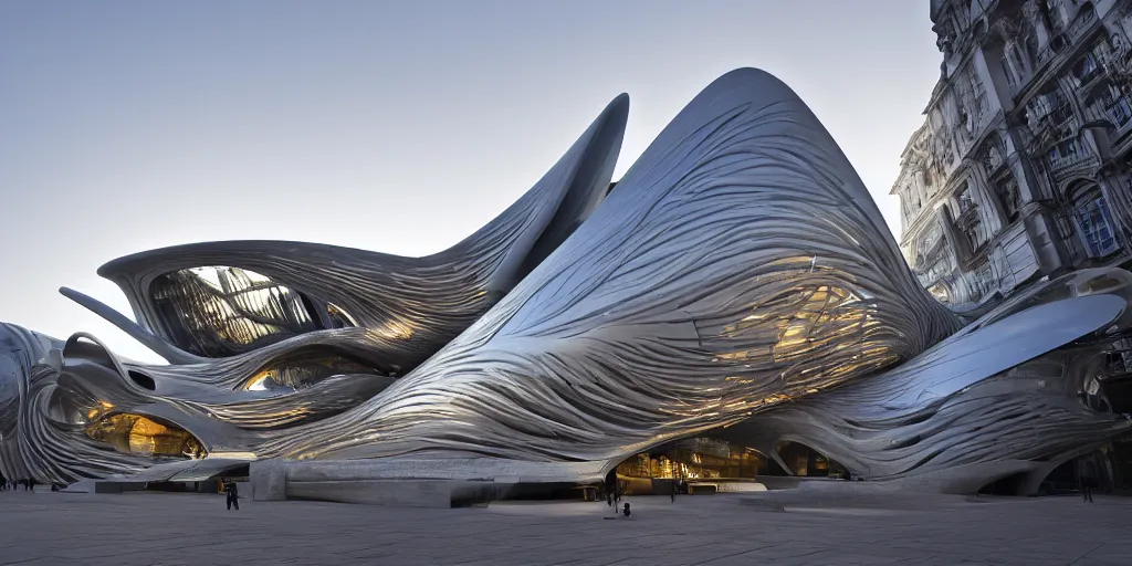 Image similar to extremely detailed ornate stunning sophisticated beautiful elegant futuristic museum exterior by Zaha Hadid, Milan buildings in the background, stunning volumetric light, stainless steal, concrete, translucent material, beautiful sunset, tail lights