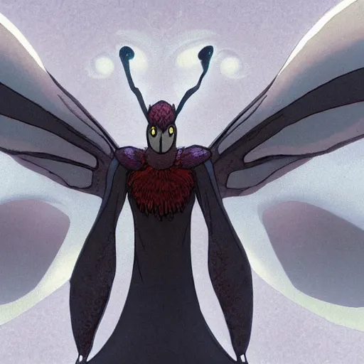 Image similar to 4K headshot of mothman with a mushroom hat and rouch clothes with giant wings , intricate face , flawless anime cel animation by Manabu Oshashi and Satoshi Kon, professionally post-processed , beautiful, scary, symmetry accurate features, epic, octane rendered, anime masterpiece, accurate