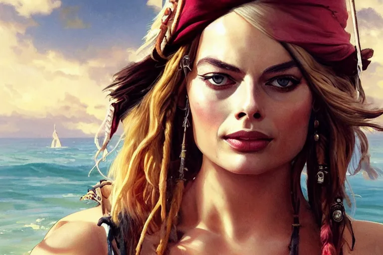 Image similar to Margot Robbie as Jack Sparrow pirate, elegant, sun shines in the sky, blood in the seahighly, detailed, digital painting, artstation, concept art, smooth, sharp focus, illustration, art by artgerm and greg rutkowski and alphonse mucha