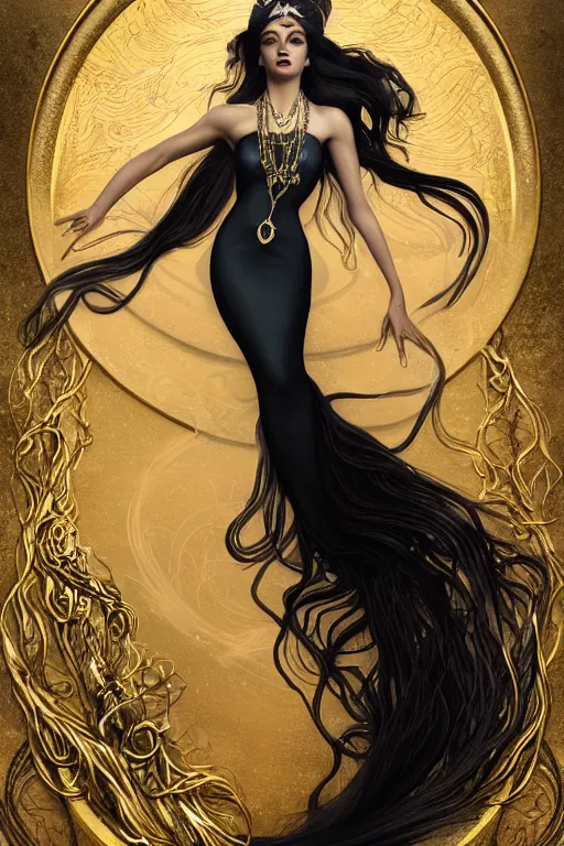 Image similar to a beautiful dark androgynous mermaid, pinup pose, long hair, tall and thin, wearing dozens of pendants and a gown of gold, small delicate crown of the sea on her head, illustration, dramatic lighting, soft details, painting oil on canvas, (art nouveau), octane render, HDR, 4k, 8k, HD, by Tom Bagshaw, Brom, Charlie Bowater, faces by otto schmidt