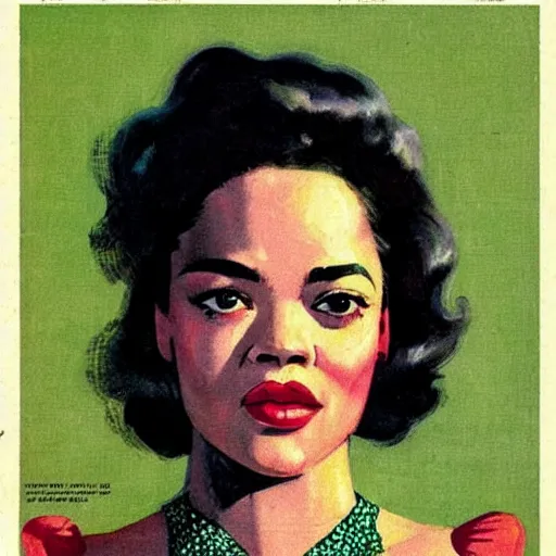 Image similar to “Tessa Thompson portrait, color vintage magazine illustration 1950”