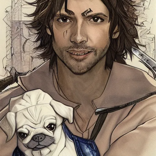 Image similar to self portrait, young white hispanic handsome man with short light brown hair and light skin and a 5 o clock shadow and holding a pug while fighting against 2 swordsmen pencil art, added detail, high definiton, colored, backfacing, illustrated by yoji shinkawa