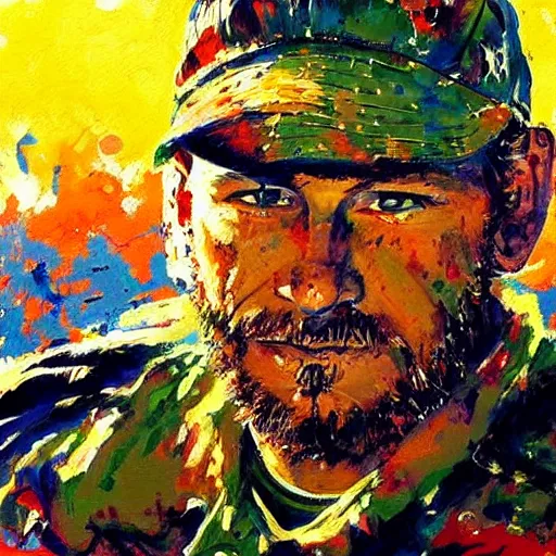 Image similar to chris kyle by leroy neiman, intricate, ultra detailed painting, atmospheric lighting, golden hour