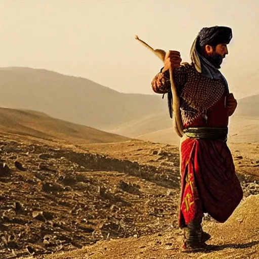 Image similar to Kurdish shepherd wearing Kurdish clothes in a movie directed by Christopher Nolan, movie still frame, promotional image, imax 70 mm footage