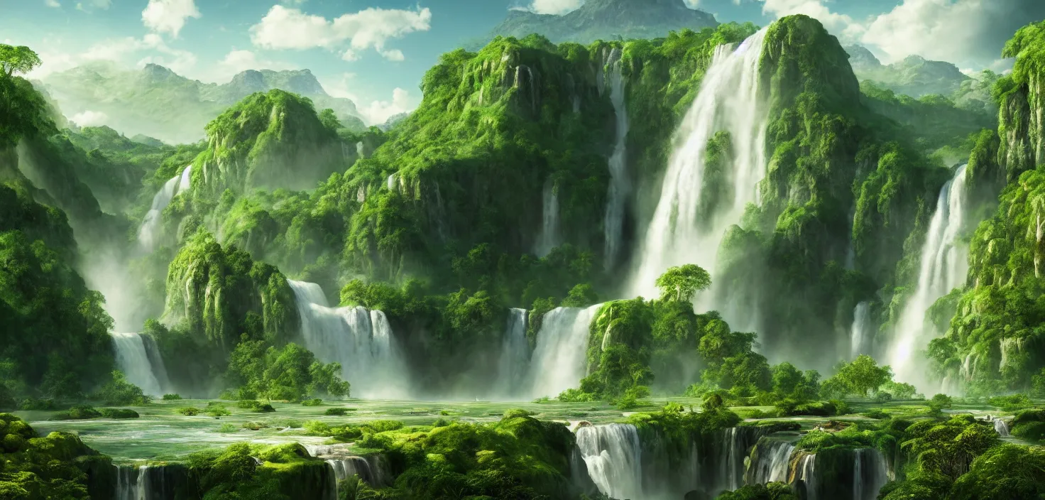 Prompt: a large waterfall in the middle of a green valley, a detailed matte painting by jacob willemszoon de wet, shutterstock contest winner, naturalism, sense of awe, national geographic photo, unreal engine