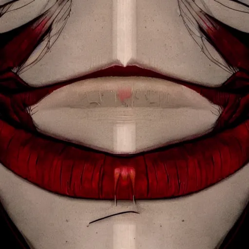 Prompt: lips sewn shut of a pelham puppet surrounded by red curtains by Conrad Roset and Nicola Samuri, medium shot, rule of thirds, seductive look, beautiful, intricate, dystopian, sci-fi, extremely detailed, digital painting, artstation, concept art, smooth, sharp focus, intimidating lighting, incredible art, details visible, very dark ambiance
