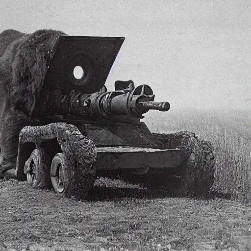 Image similar to a picture of a enormous bear pulling a towed artillery gun behind him, eastern front, historical picture