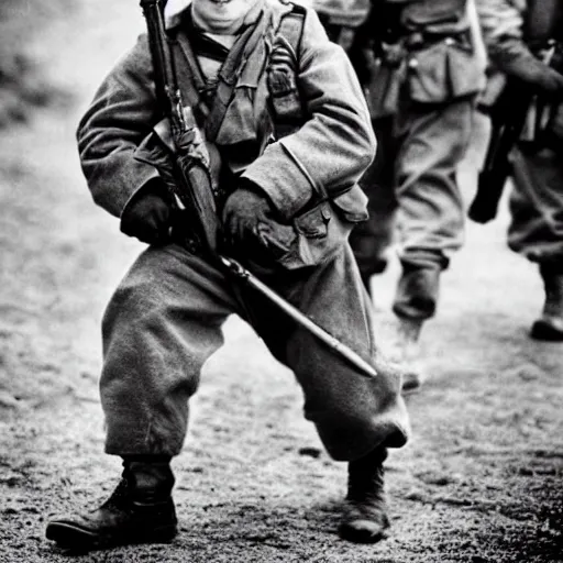 Prompt: Wee Man as an American soldier on D Day, epic, WWII, 1940s photo, cinematic, highly detailed, gritty, combat, sharp focus, closeup