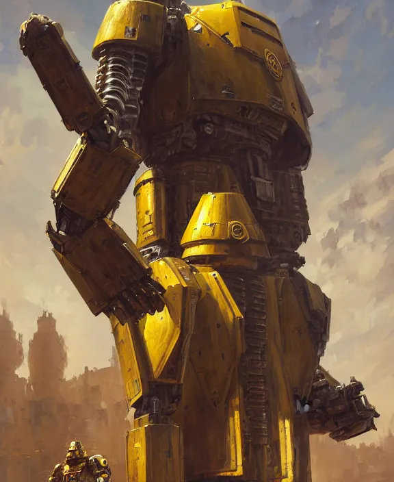 Image similar to human-sized strong intricate yellow pit droid holding large paladin medieval shield!!! and a long medieval engraved powerful great sword, pancake short large head painterly humanoid mecha, beautiful fantasy background by Greg Rutkowski