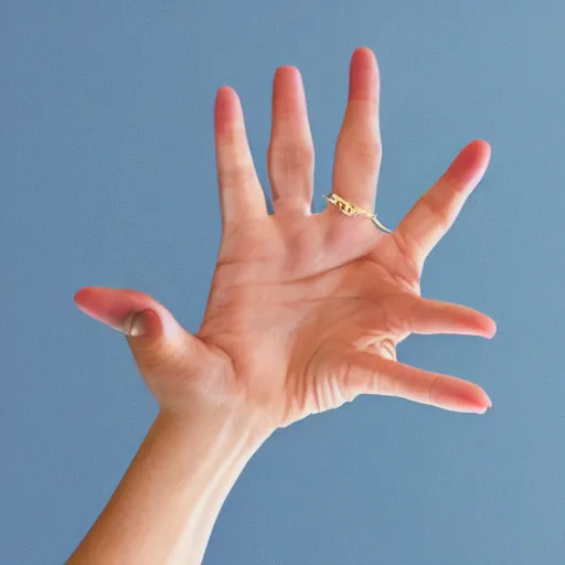 Prompt: a normal female hand with a five-finger ring and a joint between the middle and index fingers