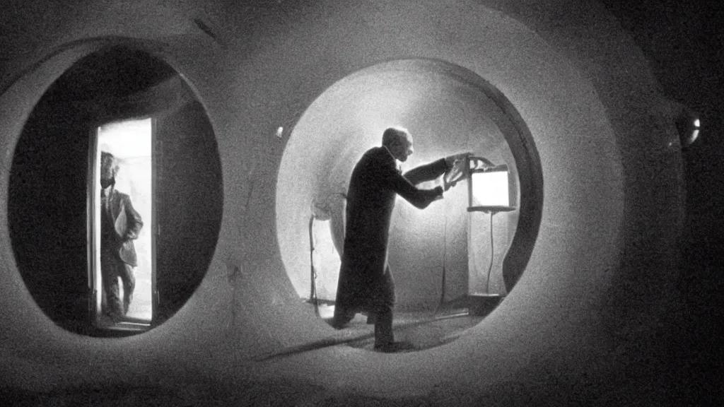 Image similar to an mri image of james cavell in the living room, film still from the movie directed by denis villeneuve with art direction by salvador dali, wide lens