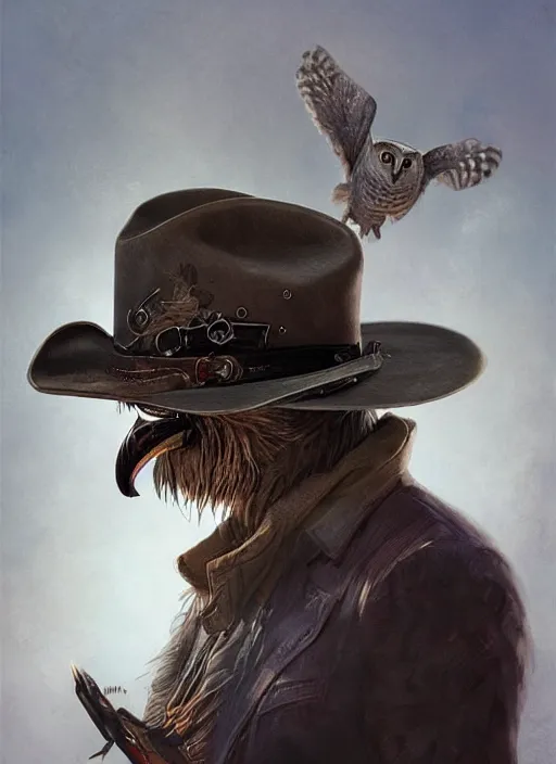 Image similar to owl in a cowboy hat and eye mask disguise, marvel comics, dark, intricate, highly detailed, smooth, artstation, digital illustration by Ruan Jia and Mandy Jurgens and Artgerm and Wayne Barlowe and Greg Rutkowski and Frank Frazetta