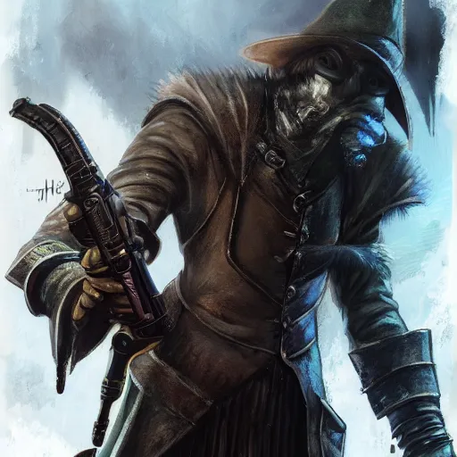 Image similar to hunter from bloodborne holding a blaster, retrofuturism, concept art by yoshiyuki tomino, behance contest winner, toonami, redshift, official art