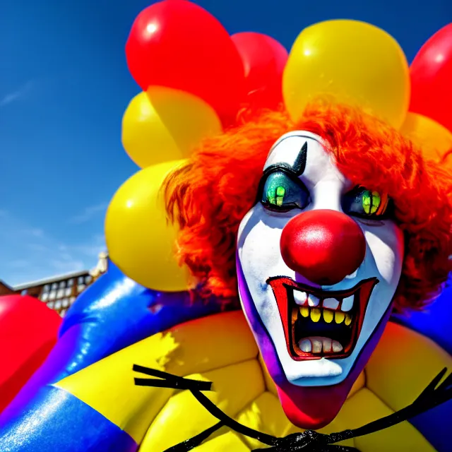 Image similar to scary bouncy castle clown, highly detailed, 8 k, hdr, smooth, sharp focus, high resolution, award - winning photo