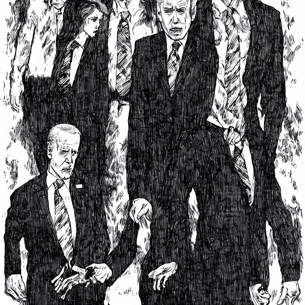 Image similar to Joe Biden full body portrait, body horror, black and white Illustration by Junji Ito