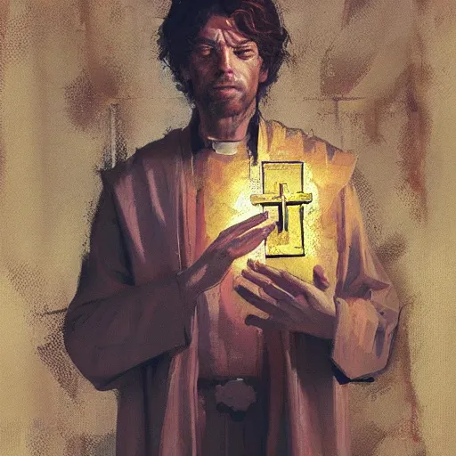 Prompt: Portrait painting of a christian priest holding a golden cross by his hands by greg rutkowski and Craig Mullins