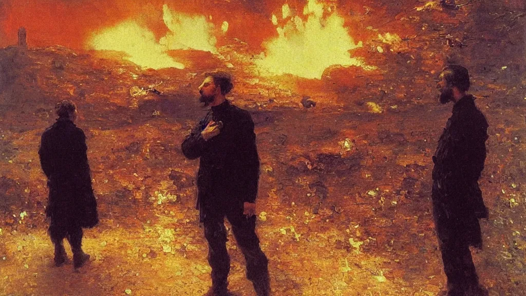 Image similar to high quality high detail painting by ilya repin, man standing in front of huge explosion, epic composition, hd