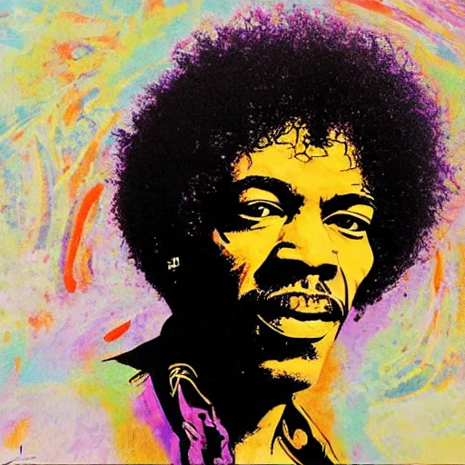 Image similar to artwork by Joshua Mays showing a portrait of Jimi Hendrix