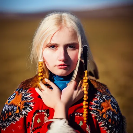 Image similar to portrait photograph shot on petzval lens of an extremely beautiful!!!! young blonde female with symmetric face posing. with a very detailed barn owl!!!!! on her shoulder. wearing mongolian traditional outfit in iceland. shallow depth of field. featured on flickr, art photography,