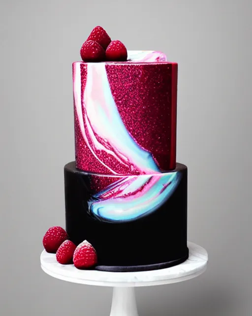 Image similar to elegant marble raspberry wedding cake dripping fondant, stylized, sparkling, glitter, gilding, ornate, sylvain sarrailh, artstation