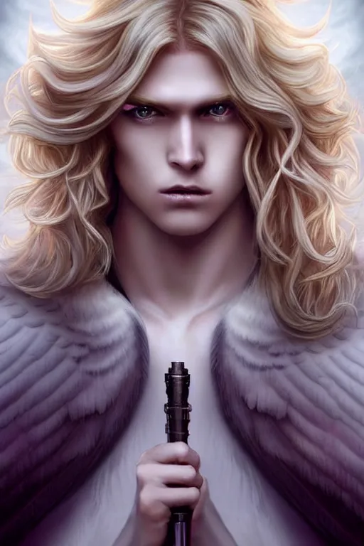 Image similar to digital art of a pale menacing Angel of Battle with long blond curls of hair and piercing eyes, young androgynous male, central composition, he commands the fiery power of resonance and wrath, very very long blond curly hair with bangs!!!, Center parted bangs, fringe, baroque curls, tight rolled drill curls, by Ross Tran Rossdraws and WLOP, Artstation, CGsociety