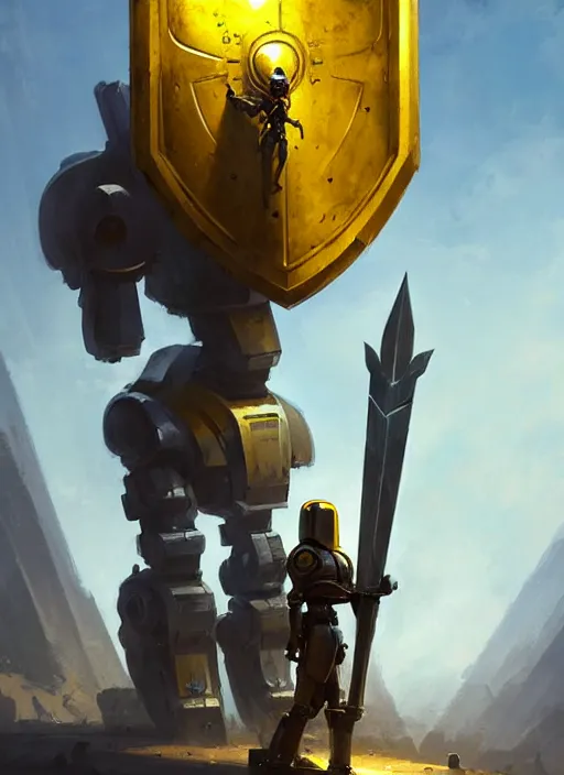 Image similar to tall strong yellow pit droid holding large paladin medieval shield!!! and a long medieval engraved powerful great sword, pancake short large head painterly humanoid mecha, beautiful fantasy background by Greg Rutkowski