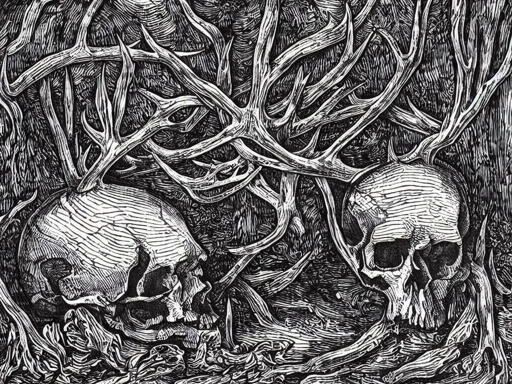 Prompt: Beautiful isometric print of a Giant Human Skull with antlers in the Sonora Desert Arizona landscape in the style of Albrecht Durer and Martin Schongauer, high contrast!! finely carved woodcut engraving black and white crisp edges