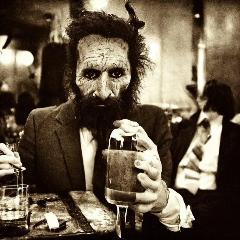 Prompt: Sepia medium shot shallow depth of field hyperrealistic street photography of a Lycanthrope with hirsutism and a doglike face and a trendy hairstyle wearing a fancy suit drinking a cocktail in a dark dive bar by Lisette Model by Diane Arbus in 1962, grainy shocking detail hyperrealistic trending on artstation