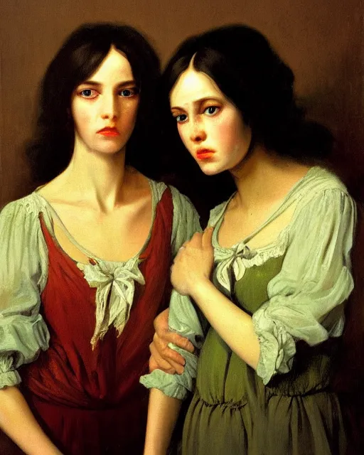 Image similar to a baroque painting of two beautiful but creepy siblings wearing oxford shirts in layers of fear, with haunted eyes and dark hair, 1 9 7 0 s, seventies, wallpaper, a little blood, morning light showing injuries, delicate embellishments, painterly, offset printing technique, by brom, robert henri, walter popp