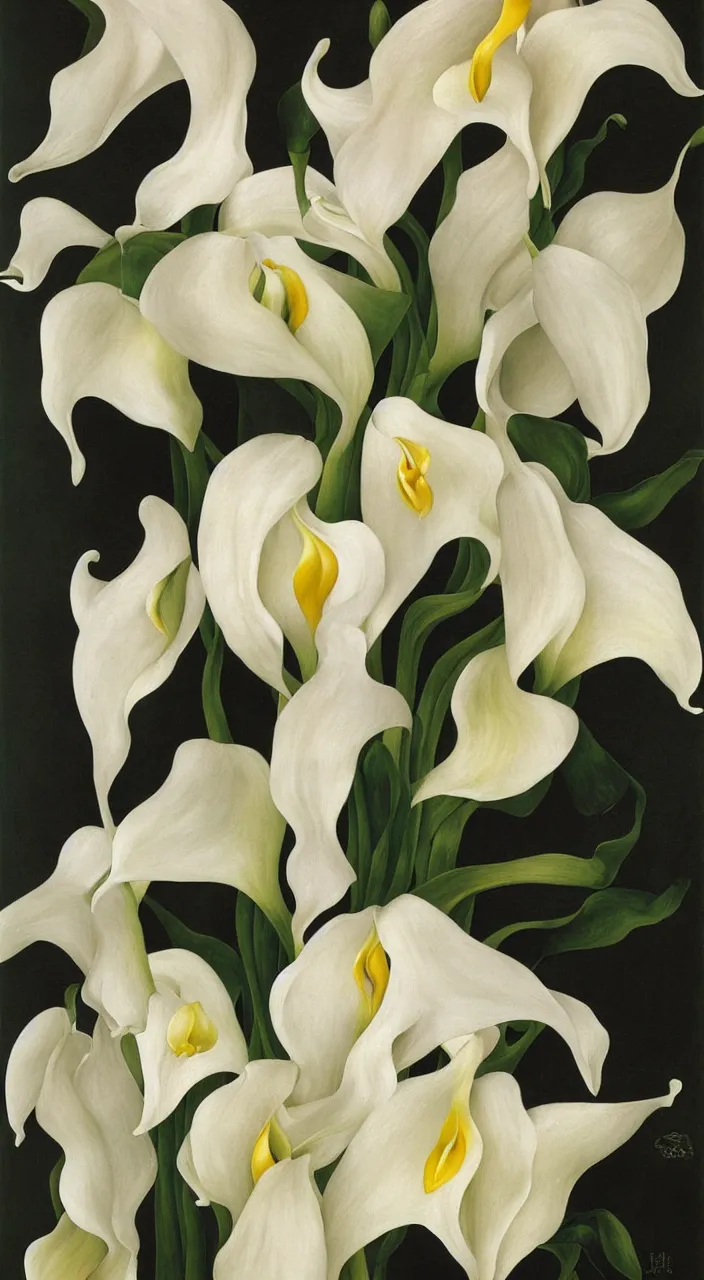 Image similar to portrait of a cream colored havanese dog with a bouquet of calla lillies, mexico, painting by diego rivera realism 1 9 3 5