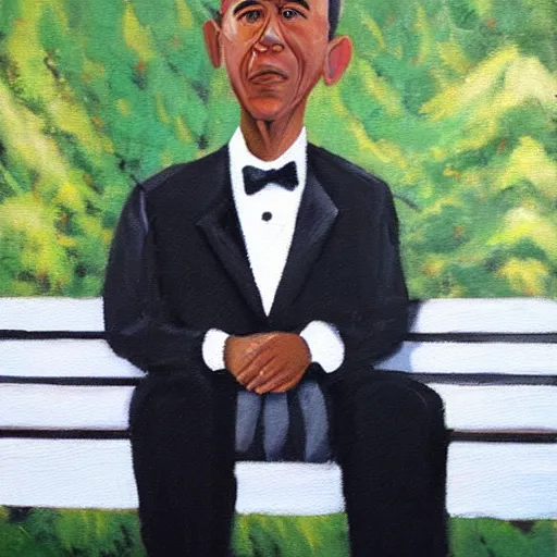 Prompt: oil painting of obama in a tuxedo sitting on a park bench