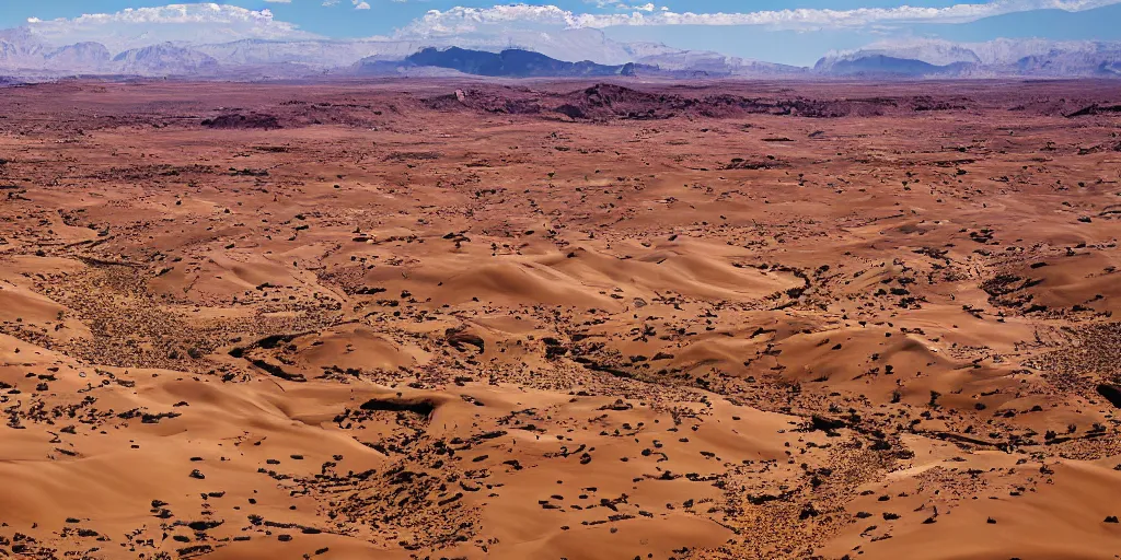 Prompt: National Geographic photograph of a desert with a small town in the distance. Realistic.