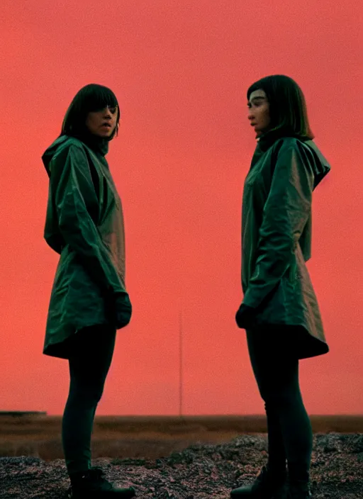 Image similar to cinestill 5 0 d photographic portrait of two clones standing in front of a brutalist metal building, techwear women on a desolate plain, red sky, closeup, depth of field, 4 k, 8 k, hd, full color