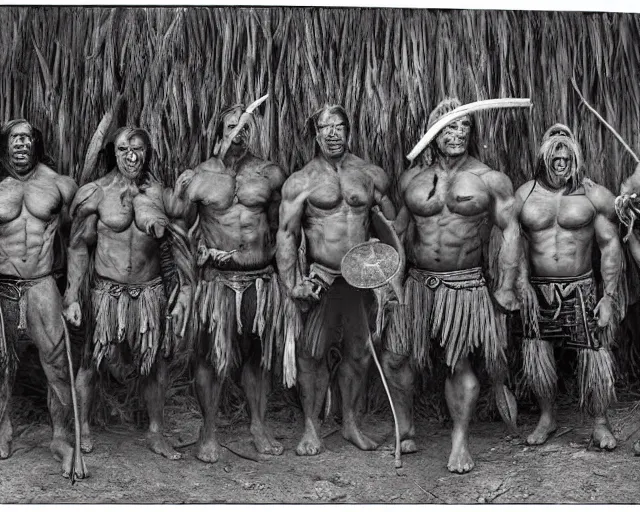 Image similar to hyper realistic group vintage photograph of an orc warrior tribe, tall, muscular, hulk like physique, tribal paint, tribal armor, grain, old