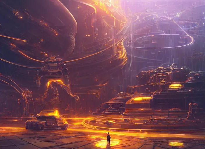 Image similar to cult of technology, exterior of scifi temple, machines, robots, ultra realistic, golden computers, highly detailed, clouds, futuristic landscape, city, atmosphere, masterpiece, epic lighting, glowing wires, mysterious, illuminated, 4 k, cinematic, art by patryk olkiewicz and chris ostrowski and liang yao