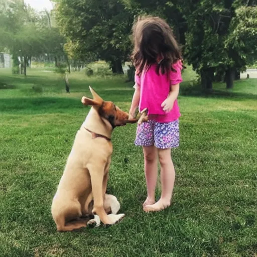 Image similar to a beautiful girl playing with you her giant dog