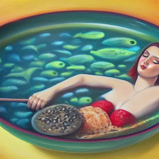 Prompt: a mermaid lost in a bowl of soup, photorealistic painting
