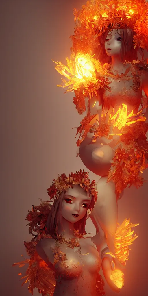 Image similar to Rerolling prompt underworld dungeon, closeup of an anthropomorphic fire goddess wrapped in a flowing couture flaming tissue paper, holographic chrysanthemums, fire origami flowers, heavenly light, 3D, very detailed, octane render, trending ArtStation, artgem