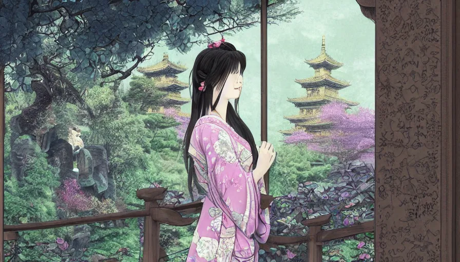 Prompt: zeenchin style digital painting of a beautiful girl in japan, looking out a window at a temple garden filled with yokai and spirits, deviant artist, zeen, uhd, high detail,