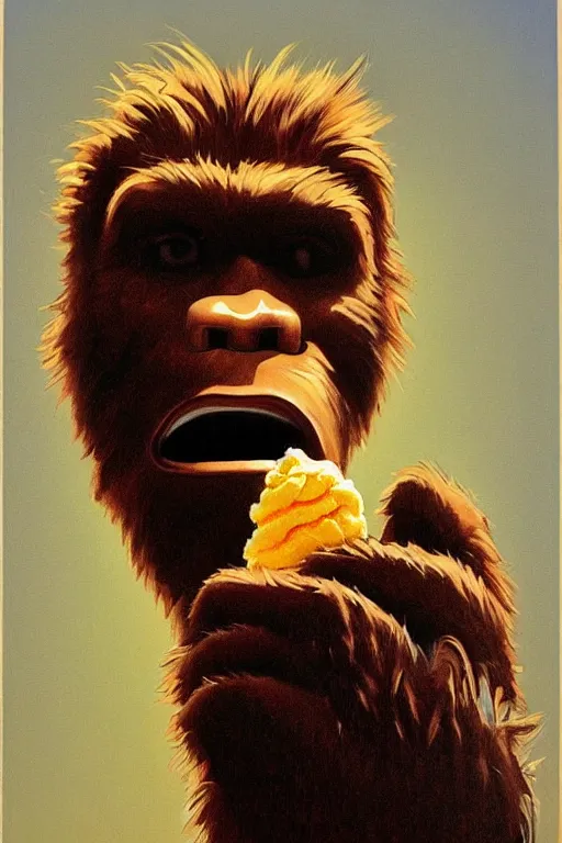 Prompt: bigfoot eating an ice cream cone, masterpiece, dramatic light and shadow, saturated colors, ciaroscuro. painted by norman rockwell