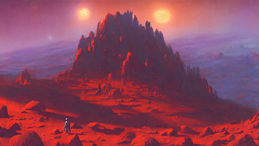 Prompt: mars empire of the mountains by paul lehr and john schoenherr, cinematic matte painting