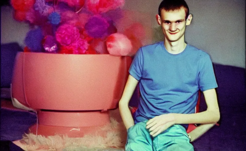 Image similar to a dreamy retro 8 0 s photo of vitalik buterin, bloomy, colorful, awesome