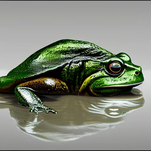 Image similar to hyperrealistic image of bullfrog, by thomas eakes & xiang duan, perfect symmetry, dim volumetric lighting, photorealistic, 8 k octane beautifully detailed render, post - processing, extremely hyper - detailed, intricate, epic composition, lifelike attributes, cinematic lighting, masterpiece, trending on artstation, very very detailed, stunning,