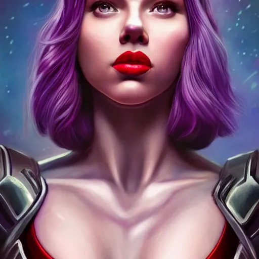 Prompt: scarlett johansson as thanos, feminine beautiful muscular fitness model wearing armor, very dark purple skin, red lips, very very strong jaw, pin up, attractive, highly detailed full body portrait, pretty face, elegant, breathtaking art, concept art, by artgerm and ilya kuvshinov