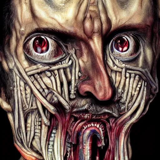 Image similar to Bodyhorror portrait by H.R.Giger of Igor Ivanovich Strelkov who became a degenerate horror Abomination, photo-realistic, color image, 2K, highly detailed