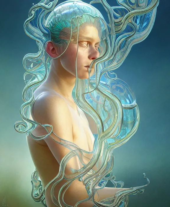 Prompt: intricate transparent clear see - through portrait of a terrifying beautiful alien sea slug, mottled coloring, adorable, childlike, pastoral environment, ultra realistic, concept art, art nouveau, photorealistic, octane render, 8 k, unreal engine. art by christopher marley and artgerm and greg rutkowski and alphonse mucha