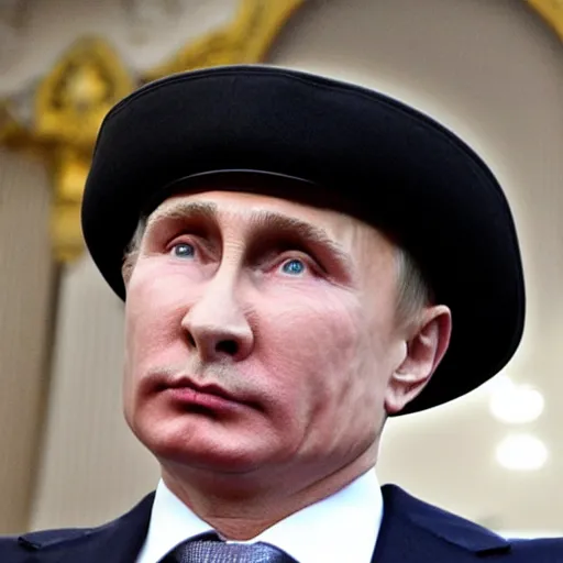 Prompt: putin wearing a black leather hat, facing the camera, cool looking