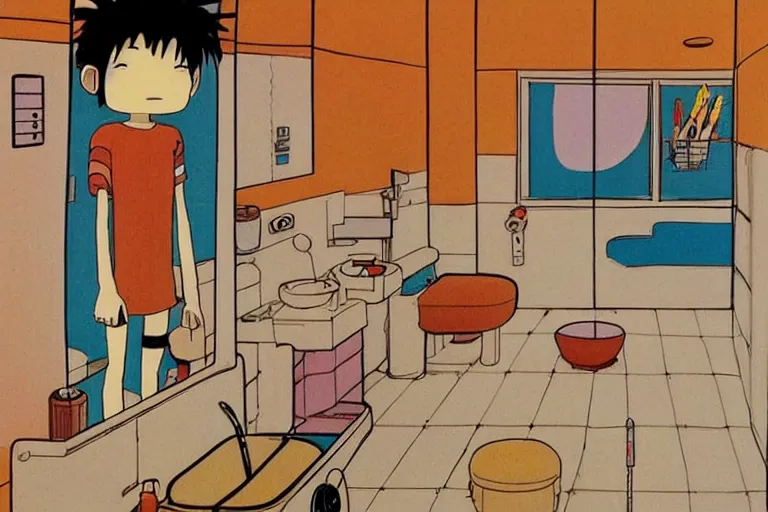 Image similar to modern bathroom, style of studio ghibli + moebius + basquiat, cute,